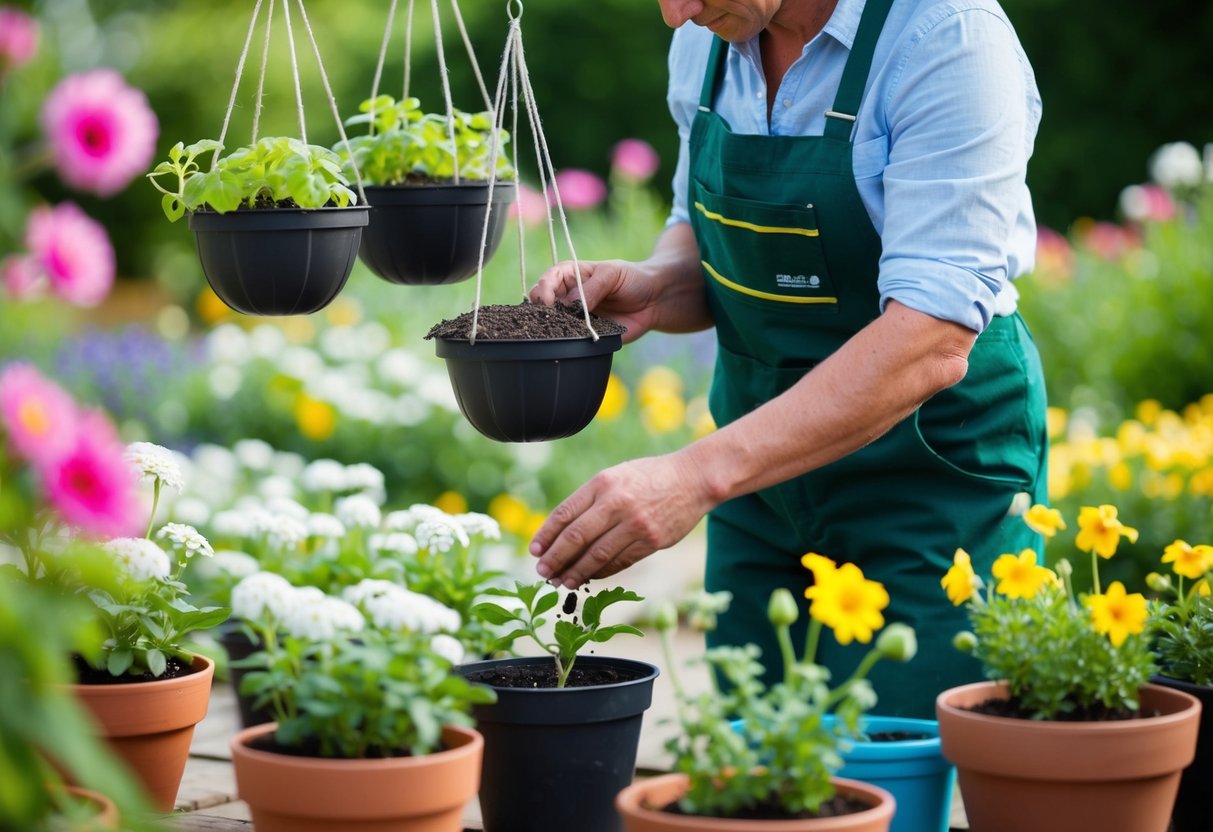 A gardener carefully plants seeds into hanging baskets, surrounded by pots of blooming flowers