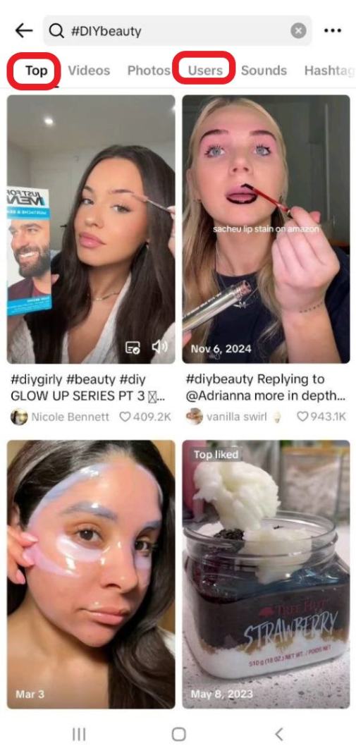 search on TikTok users tab