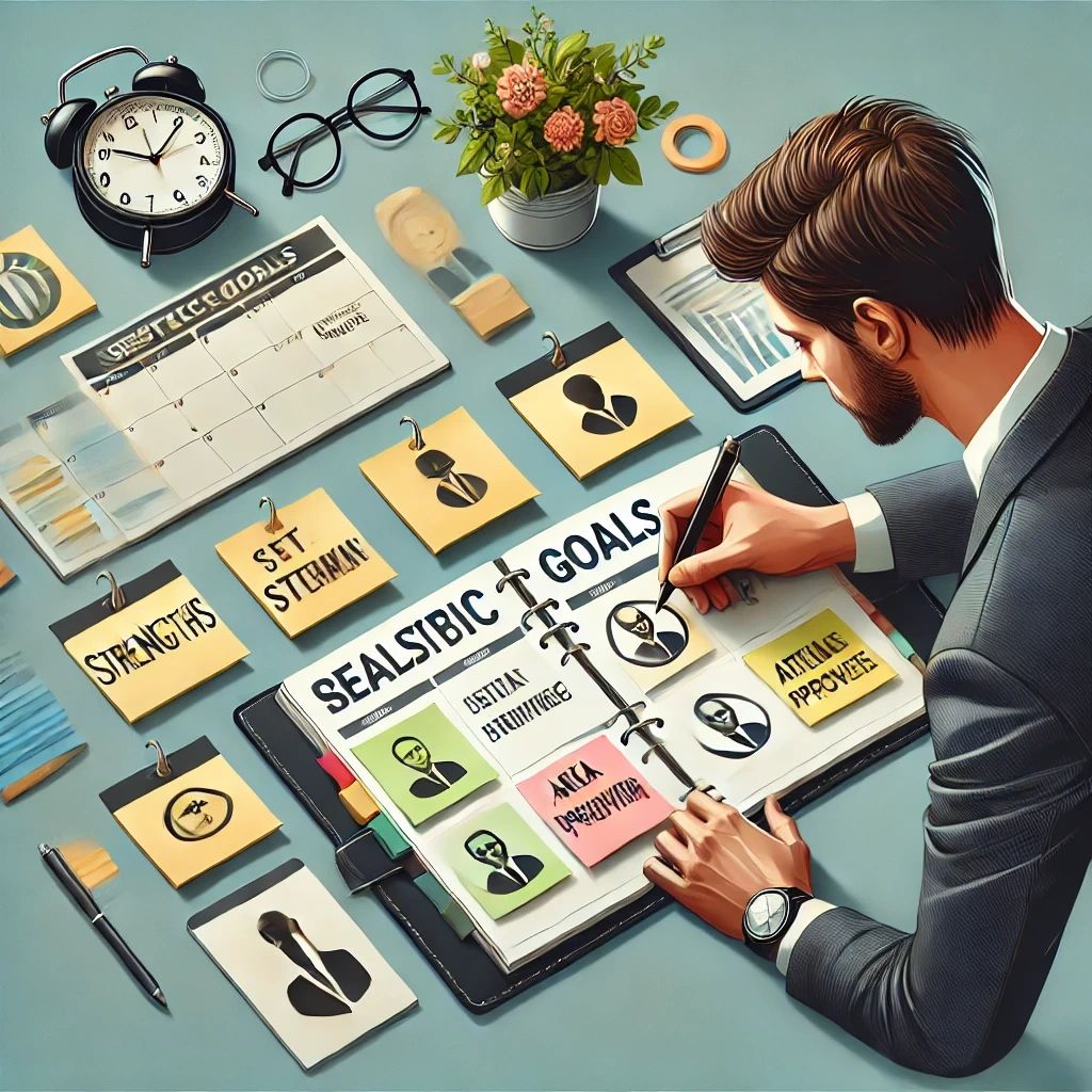 A young professional setting realistic goals using a planner and sticky notes, with some notes highlighting strengths and areas for improvement.