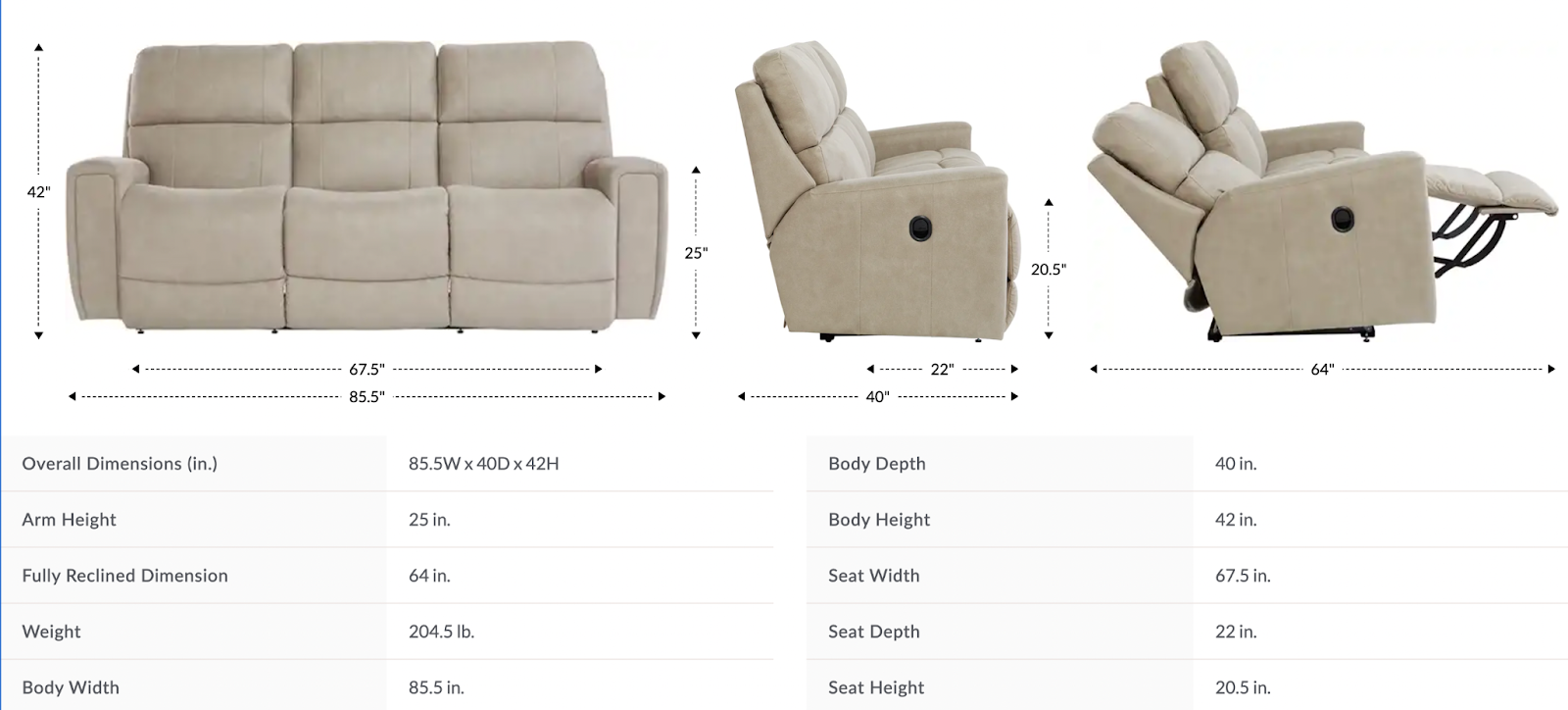 apollo reclining sofa size & dimensions