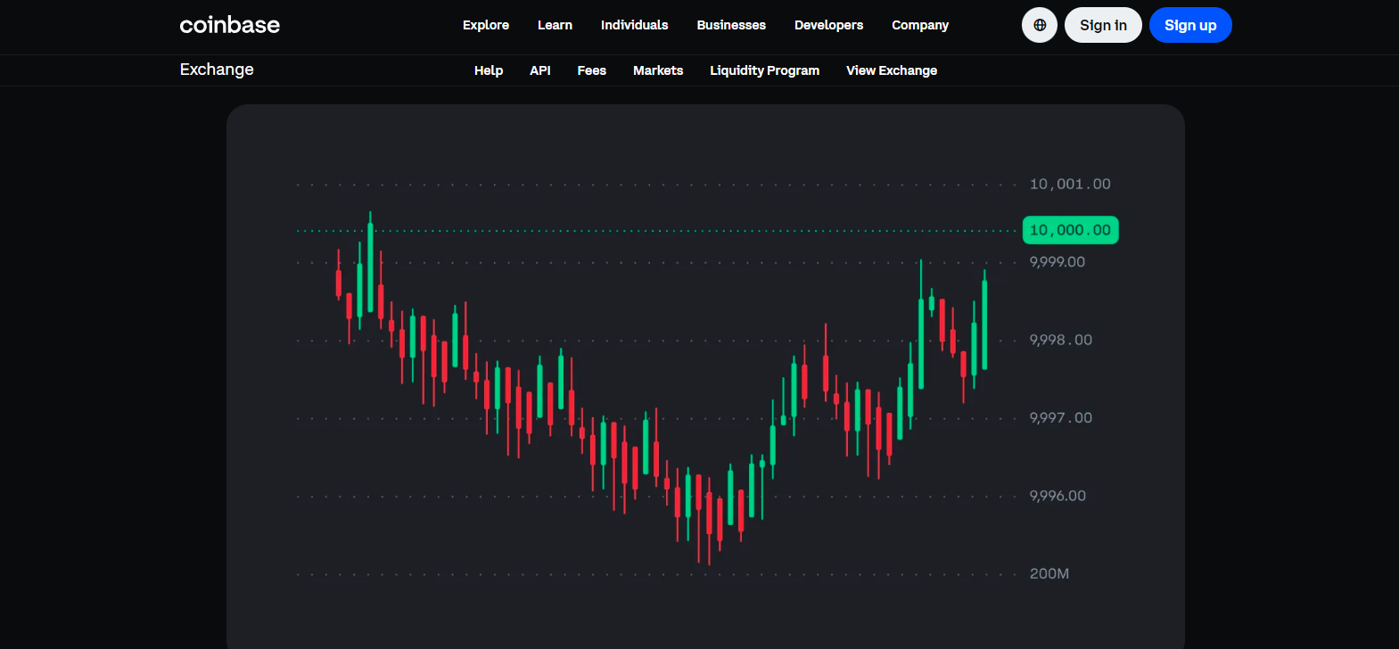 Coinbase trading interface displaying a candlestick chart for secure and user-friendly crypto trading.