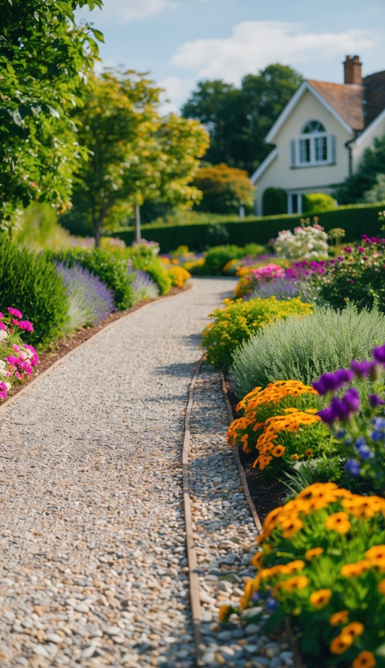 A winding gravel pathway bordered by vibrant flowers and lush greenery leads alongside a charming house, creating a picturesque and inviting landscape