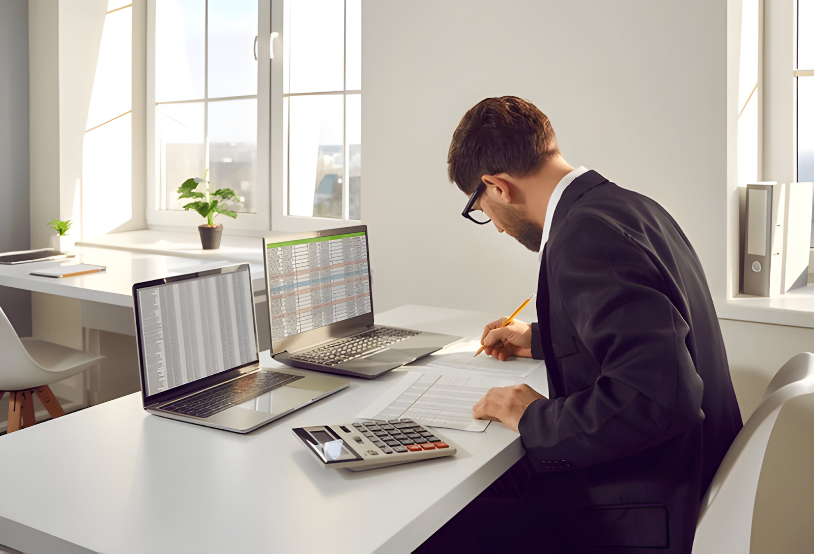 Accountant working on financial documents with laptops and a calculator, representing the role and tasks of an accountant.