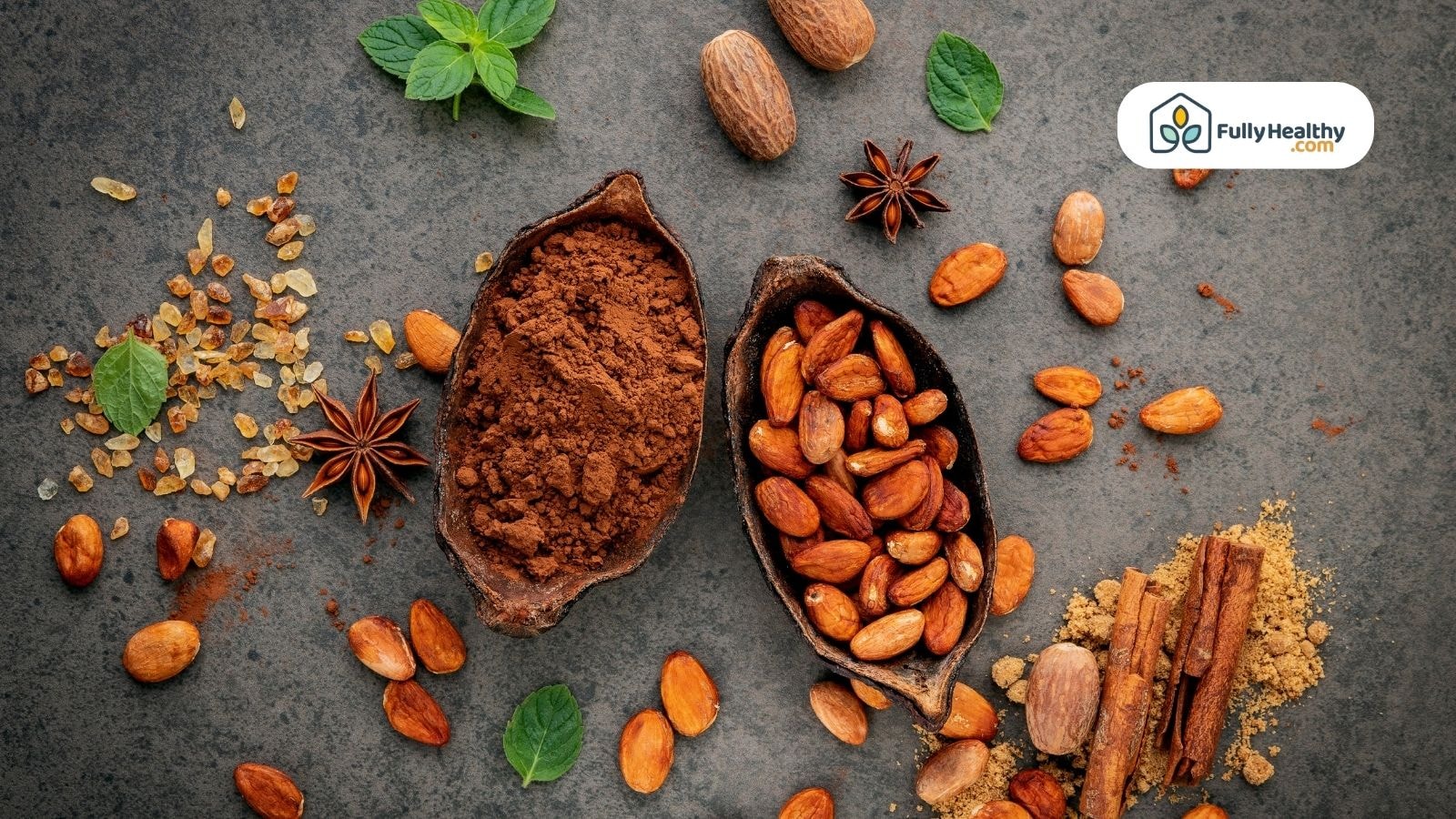 Cacao beans and cocoa powder with spices