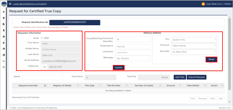 Check land title online by filling out fields on the Request for Certified True Copy page