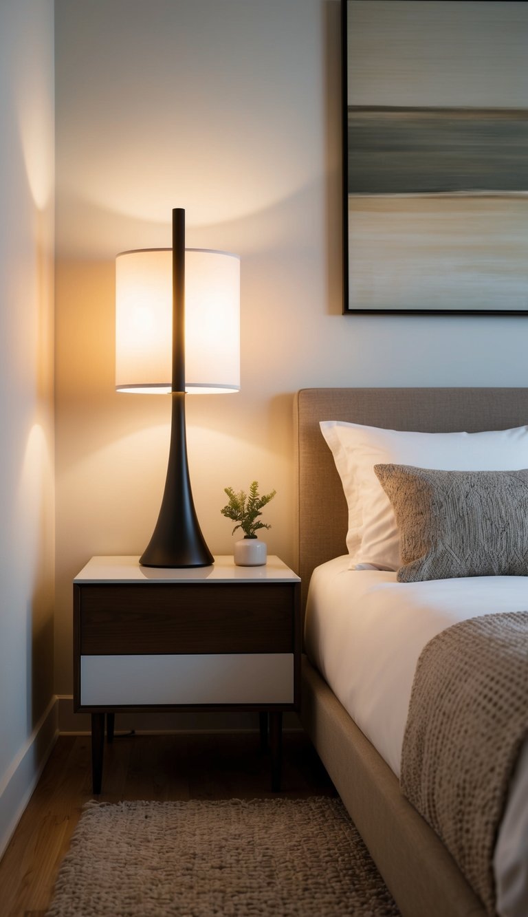 A sleek Mid-Century Modern lamp illuminates a cozy guest bedroom with minimalist decor and warm, neutral tones