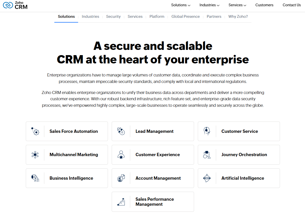 Zoho enterprise CRM solution highlighting relevant features