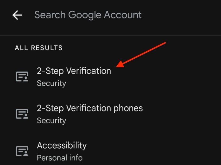 Two factor authentication screenshot in Google 