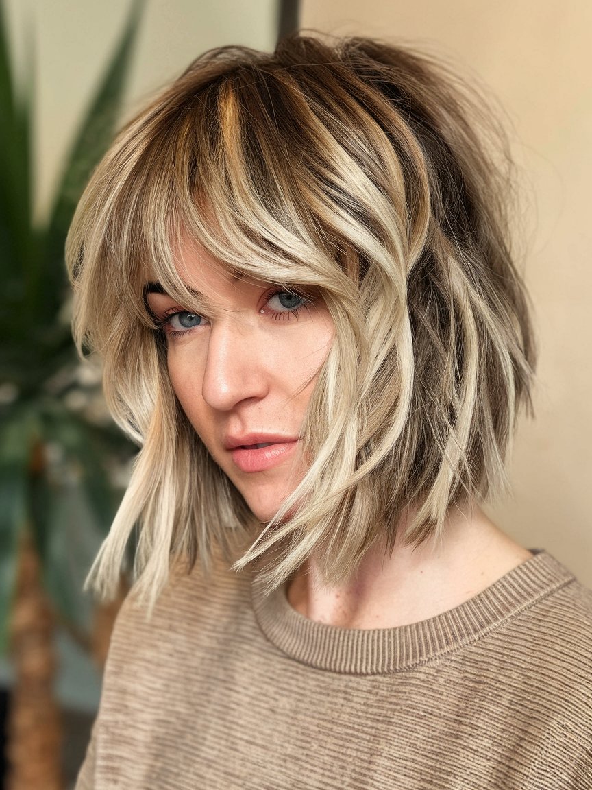 90. Tousled Bob with Side-Swept Bangs and Highlights