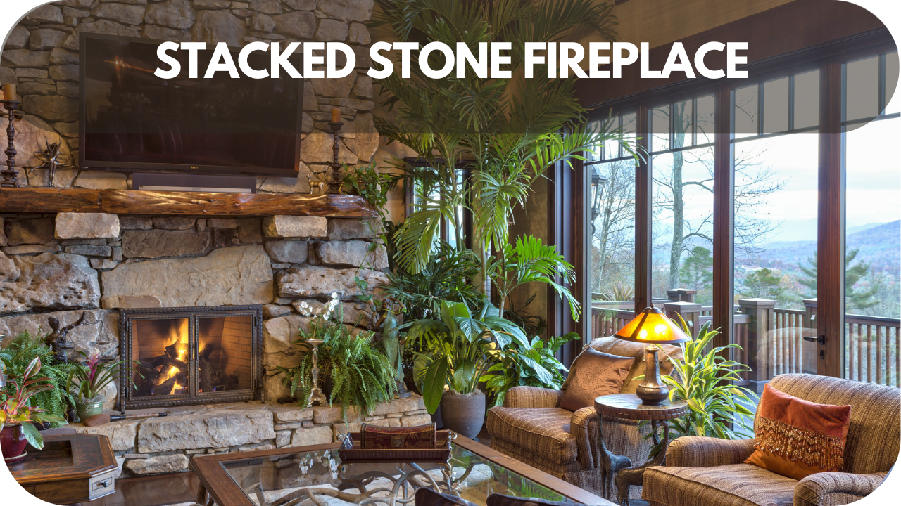 Add texture and sophistication to your 2025 home makeover with a stunning stacked stone fireplace.