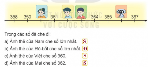 BÀI 54 LUYỆN TẬP CHUNGI.LUYỆN TẬP 1Câu 1: Số? Đáp án chuẩn:Câu 2: Đ, S? Ảnh thẻ của mỗi bạn đã cho một số trên tia số dưới đây:Đáp án chuẩn:Câu 3: a) Số liền trước của số 680 là số nào?b) Số liền sau của số 999 là số nào?c) Số 599 là số liền trước của số nào?d) Số 800 là số liền sau của số nào?Đáp án chuẩn:a) Số 679b) Số 1000c) Số 600d) Số 799Câu 4: Rô-bốt được Nam tặng một bức tranh như sau:Rô-bốt muốn tô màu đỏ cho những quả táo ghi số lớn hơn 365 và tô màu xanh cho những quả táo ghi số bé hơn 365. Hỏi:a) Có bao nhiêu quả táo sẽ được tô màu đỏ?b) Có bao nhiêu quả táo sẽ được tô màu xanh?Đáp án chuẩn:a) 7 quả táo.b) 3 quả táo.Câu 5: >; <; =Đáp án chuẩn:II.LUYỆN TẬP 2