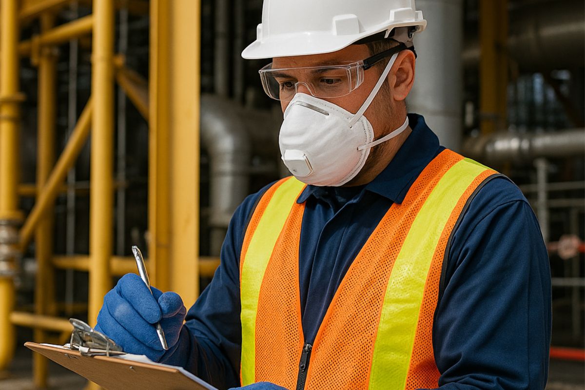 Engenheiro de segurança no trabalho anotando informações em um clipboard, usando máscara, óculos de proteção, capacete e colete de segurança em ambiente industrial.