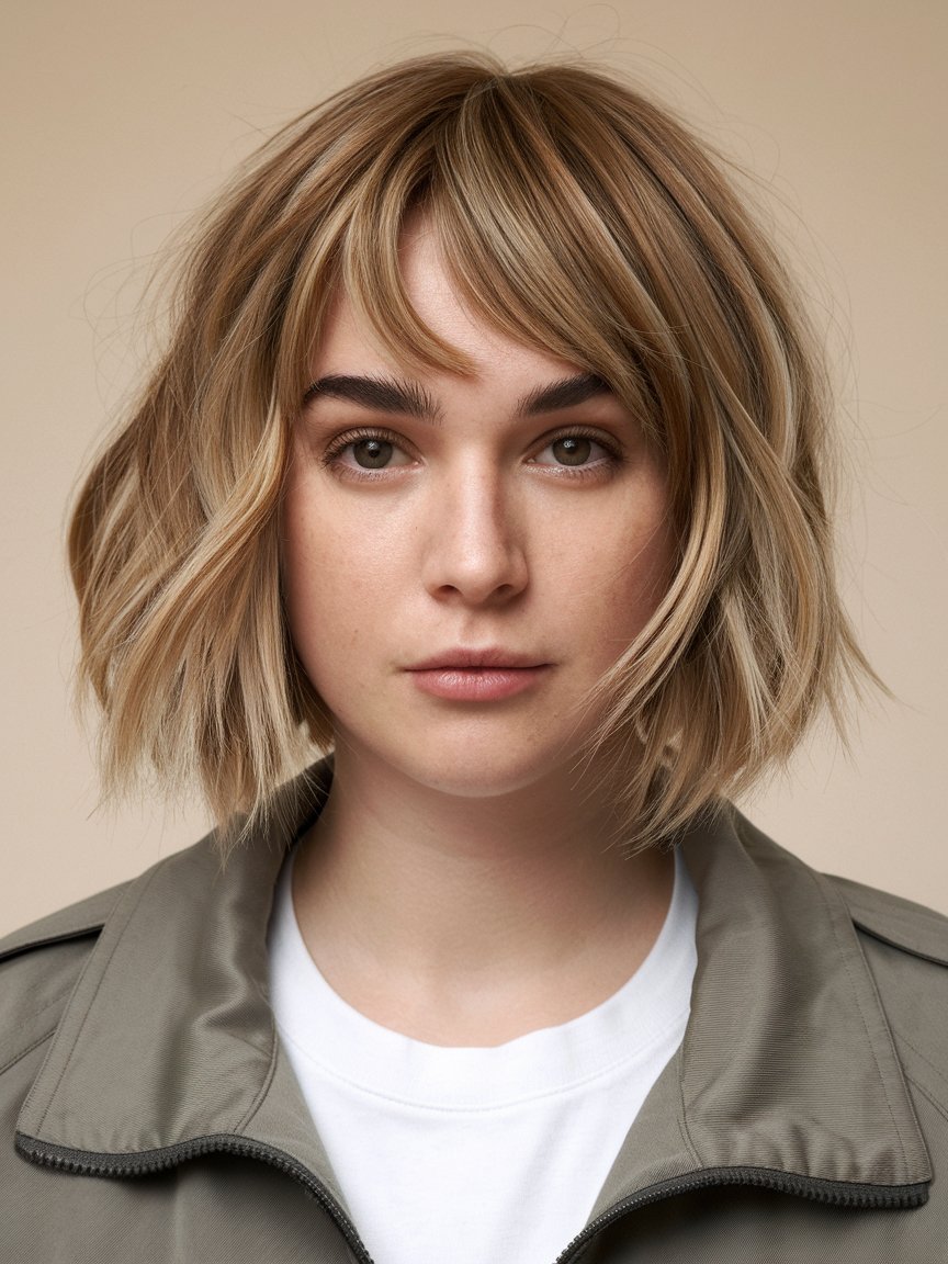 26. Tousled Bob with Eyebrow-Skimming Bangs