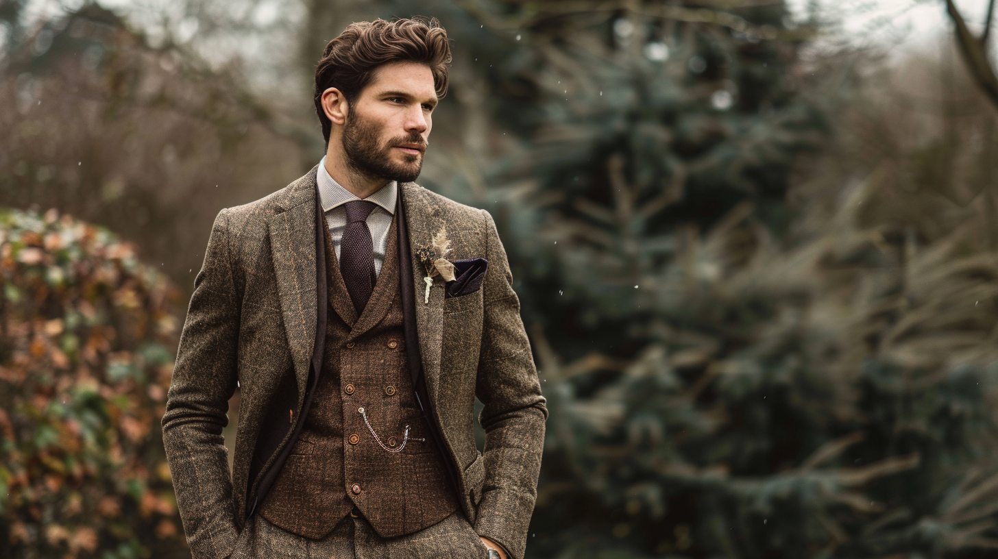 Man in a wool or tweed suit with textured fabric, darker tones like brown or grey, styled for a fall or winter wedding, layered with boots and subtle patterns.