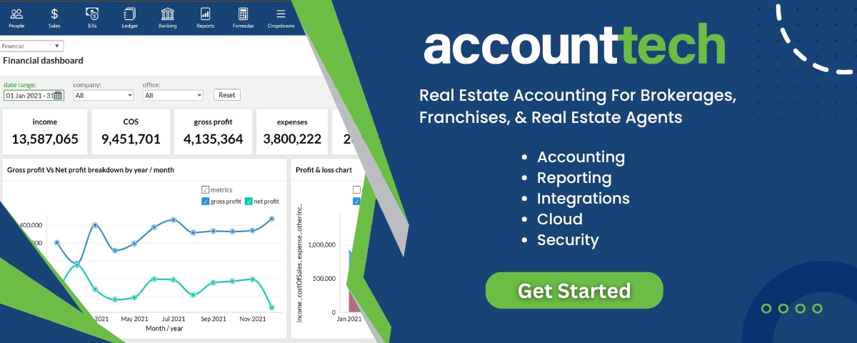 AccountTECH promotional banner featuring a financial dashboard with graphs and statistics. Text reads: 'Real Estate Accounting for Brokerages, Franchises, & Real Estate Agents' with bullet points highlighting features such as Accounting, Reporting, Integrations, Cloud, and Security. A green button labeled 'Get Started' is included.