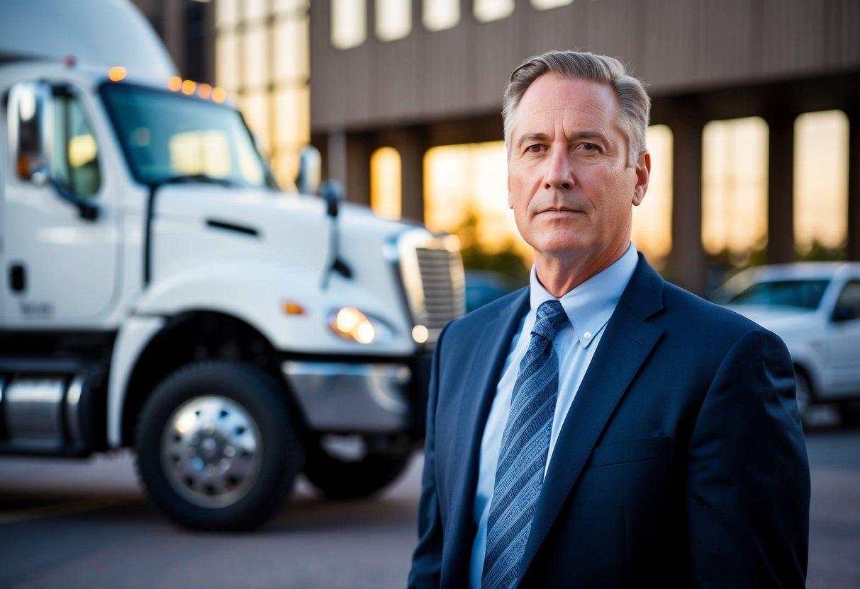 A person in a suit standing in front of a truck

Description automatically generated