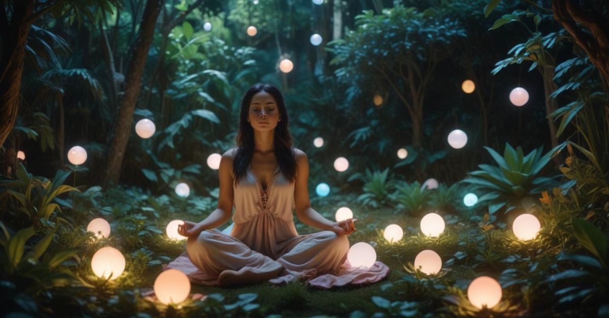 A woman meditating in a forest, surrounded by glowing orbs, embodying the essence of Understanding Intuitive Insights.