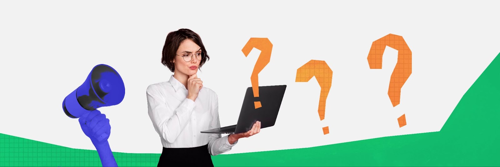A thoughtful woman holding a laptop, surrounded by large orange question marks, decision-making, or problem-solving.