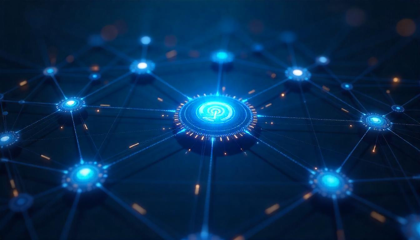 The image highlights a key benefits using MSSP, depicting an intricate, interconnected digital network centered around a luminous security icon. This visual metaphor suggests the MSSP's ability to provide comprehensive, centralized security management and monitoring across the client's entire technology ecosystem.