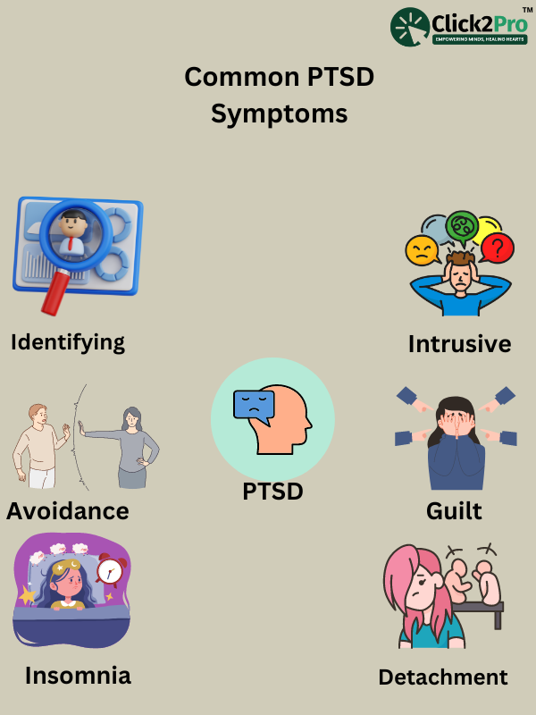 Common PTSD Symptoms infographic: Identifying, Intrusive, Avoidance, Guilt, Insomnia, Detachment.