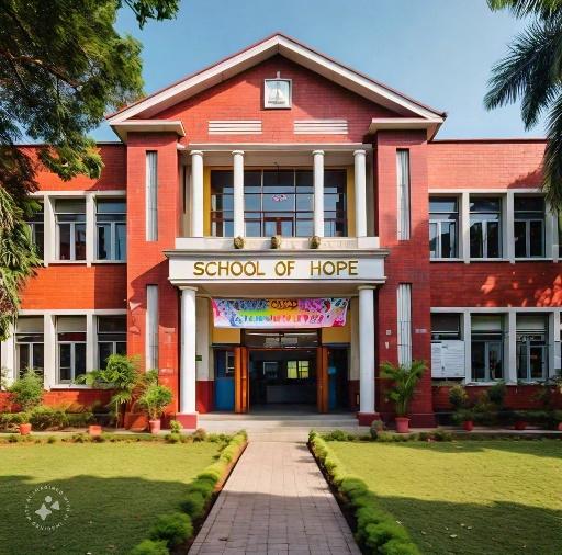 A red brick school building with a walkway and trees<br />
<br />
Description automatically generated