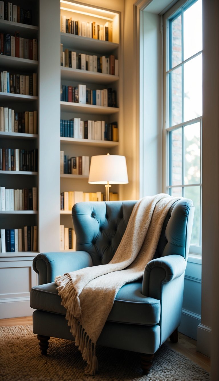 A plush armchair sits by a window, surrounded by bookshelves and soft lighting. A warm throw blanket is draped over the chair, inviting relaxation