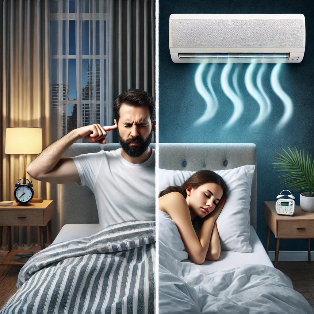 Split scene showing a frustrated hotel guest near a noisy PTAC unit and a peaceful guest sleeping beside a quiet, modern PTAC