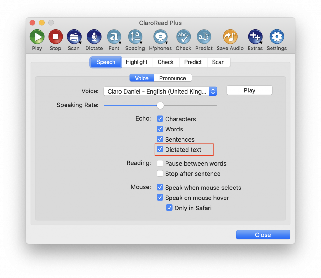 ClaroRead Mac 7 echo settings