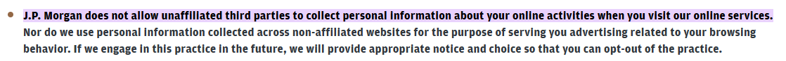 JP Morgan privacy policy section explaining how it does not allow unaffiliated third parties to collect personal information about your online activities when you visit JP Morgan's online services