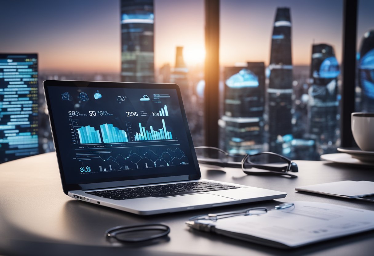 A laptop surrounded by various SEO tools and analytics charts, with a futuristic cityscape in the background, symbolizing the ongoing relevance of SEO in 2025
