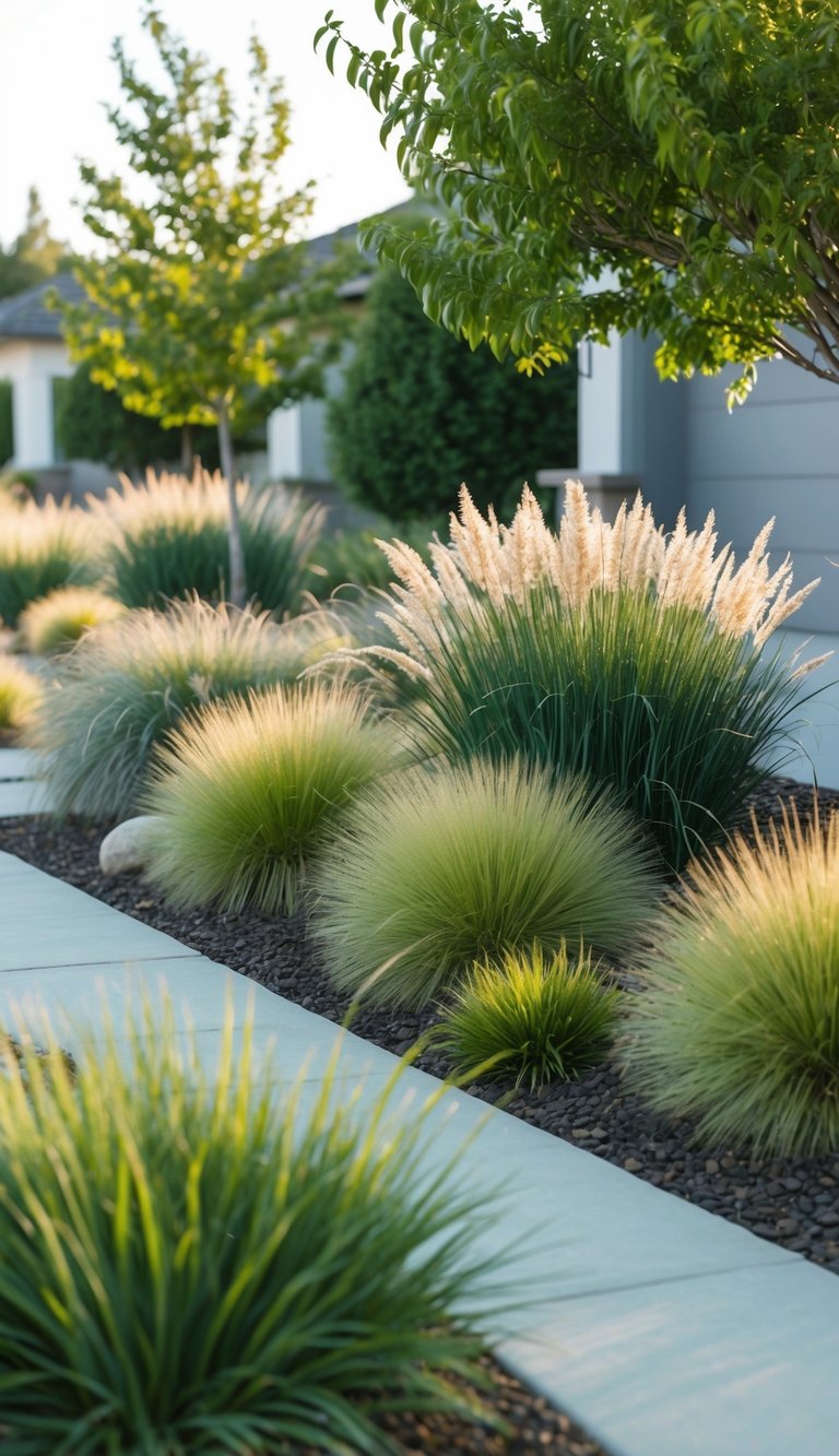 A front yard filled with a variety of drought-tolerant perennial grasses, creating a low-maintenance and water-efficient landscape