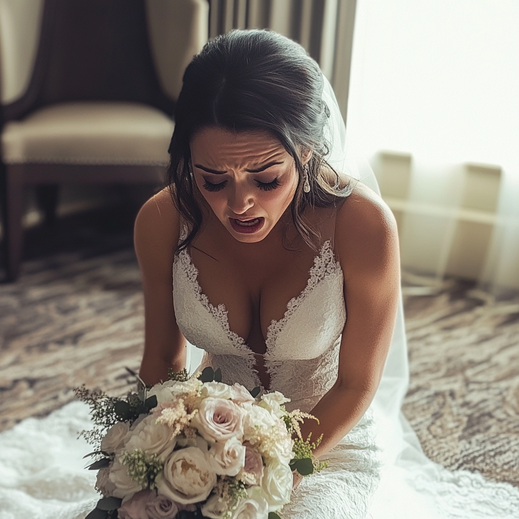 A bride sitting on the floor and crying | Source: Midjourney