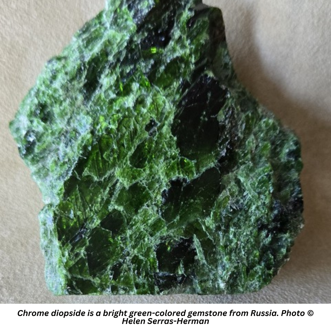 Chrome diopside is a bright green-colored gemstone from Russia. Photo © Helen Serras-Herman