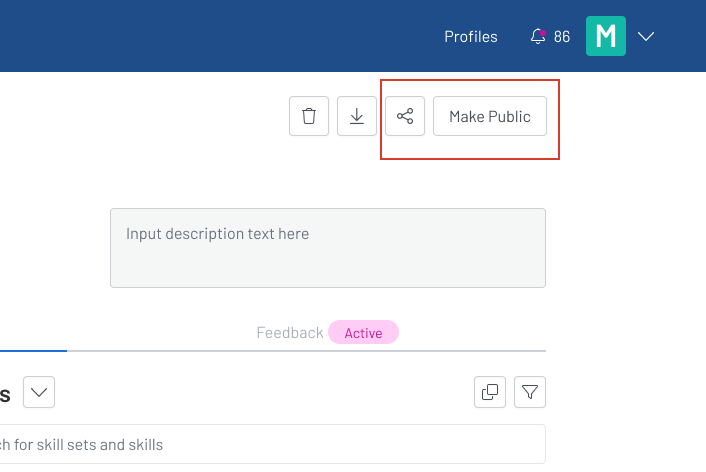 Screenshot of the top right corner of a profile page with a red box around the share button and "Make Public" button. 