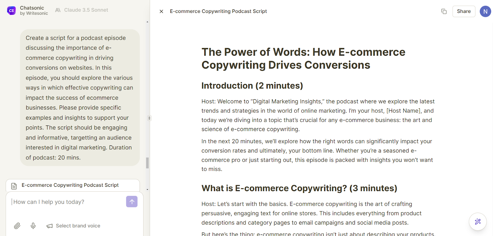 Write podcast scripts using Chatsonic as part of your AI content marketing strategy.