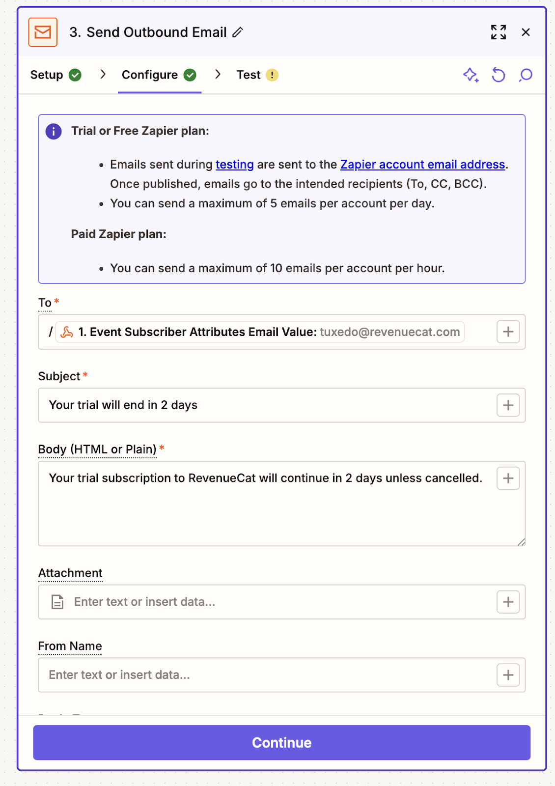 Screenshot the outbound email template in Zapier