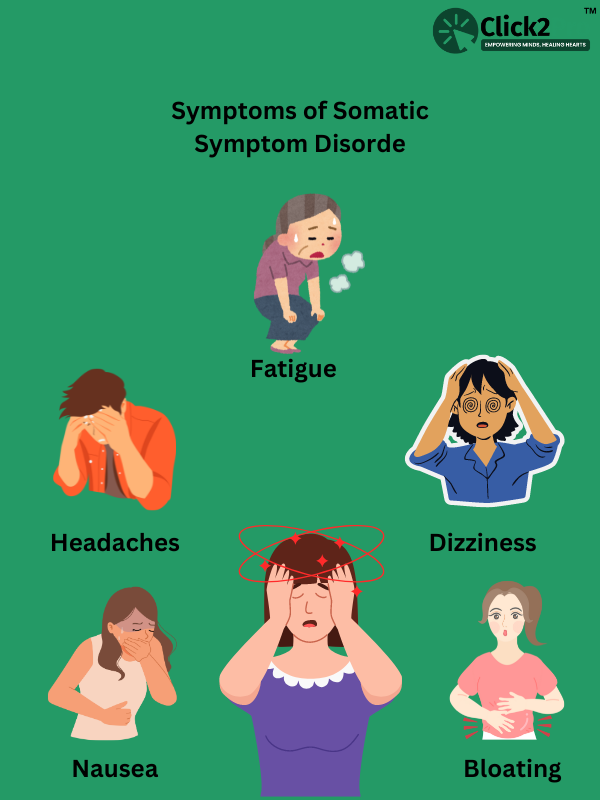 Symptoms of Somatic Symptom Disorder infographic: Fatigue, Headaches, Dizziness, Nausea, Bloating