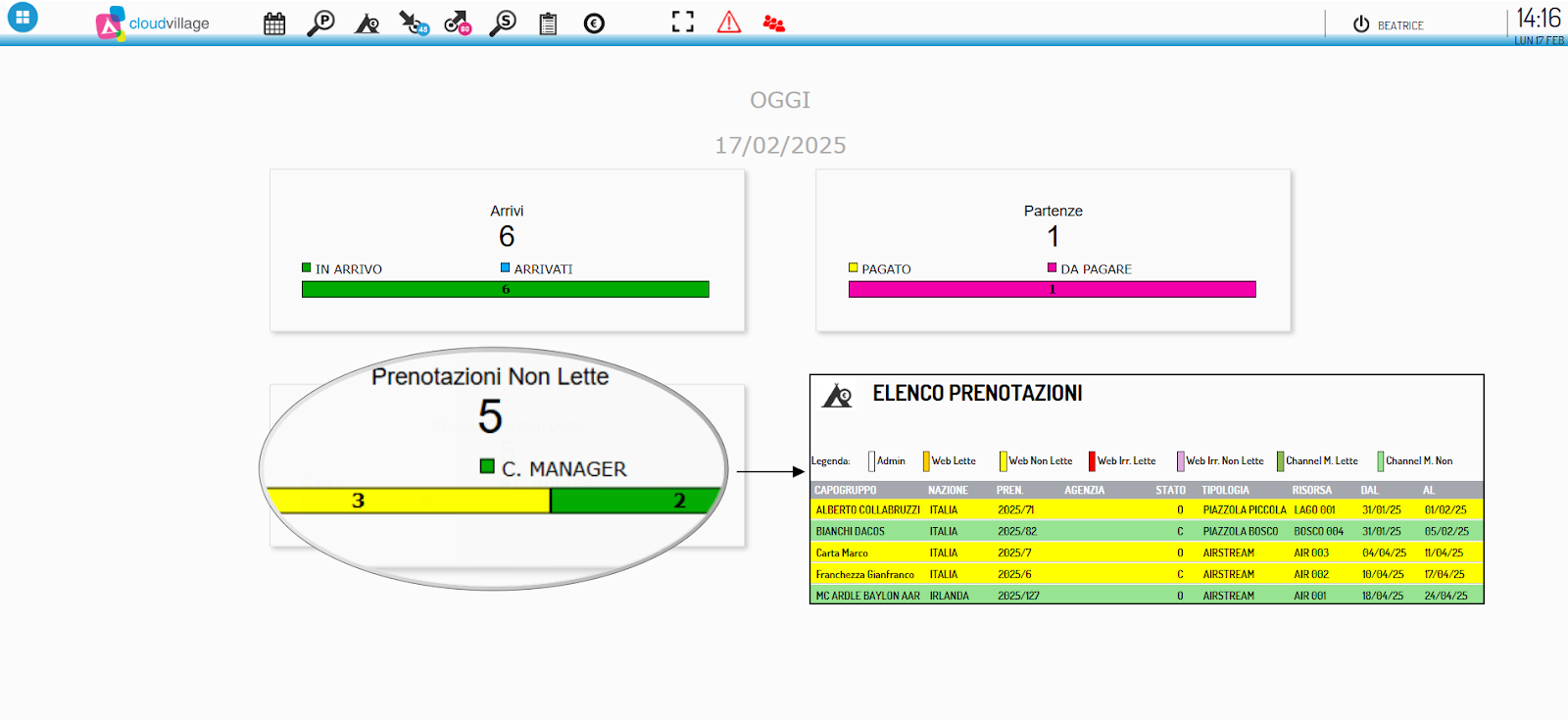 Dashboard CloudVillage - interfaccia gestione prenotazioni