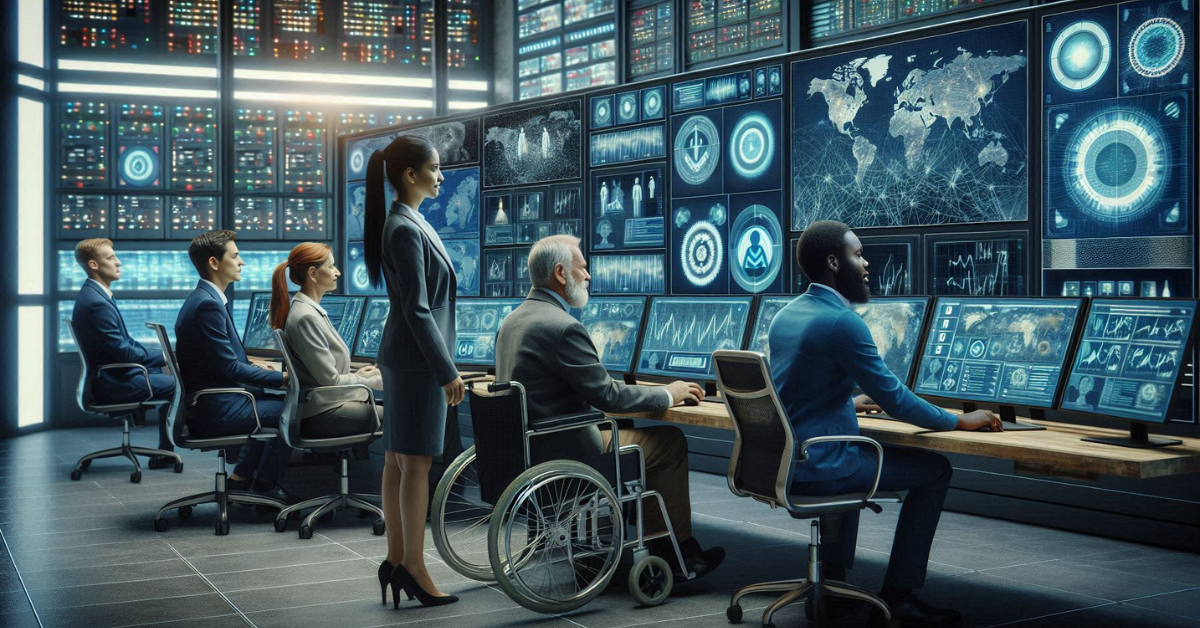 A diverse team of cybersecurity professionals working in a high-tech security operations center, monitoring multiple digital screens displaying global security data and analytics.