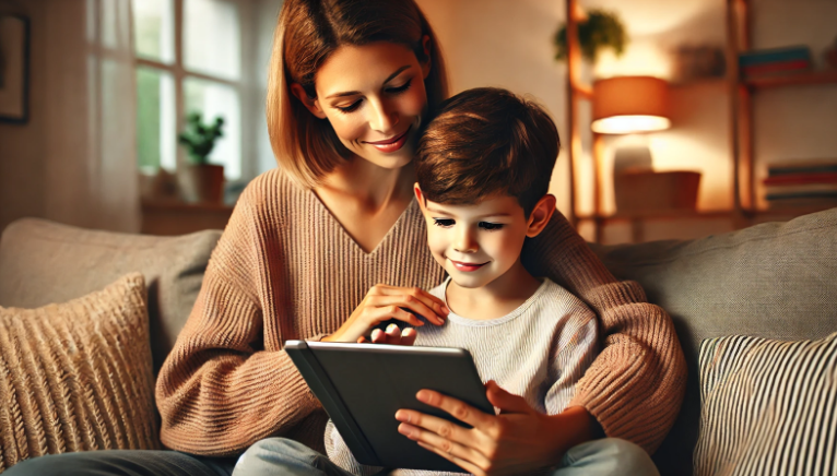 A mother and her young son sit on a cozy couch, smiling as they look at a tablet. A warmly lit living room with shelves and lamps is in the background.
