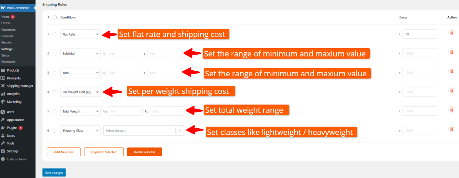Available WooCommerce shipping options in Shipping manager plugin
