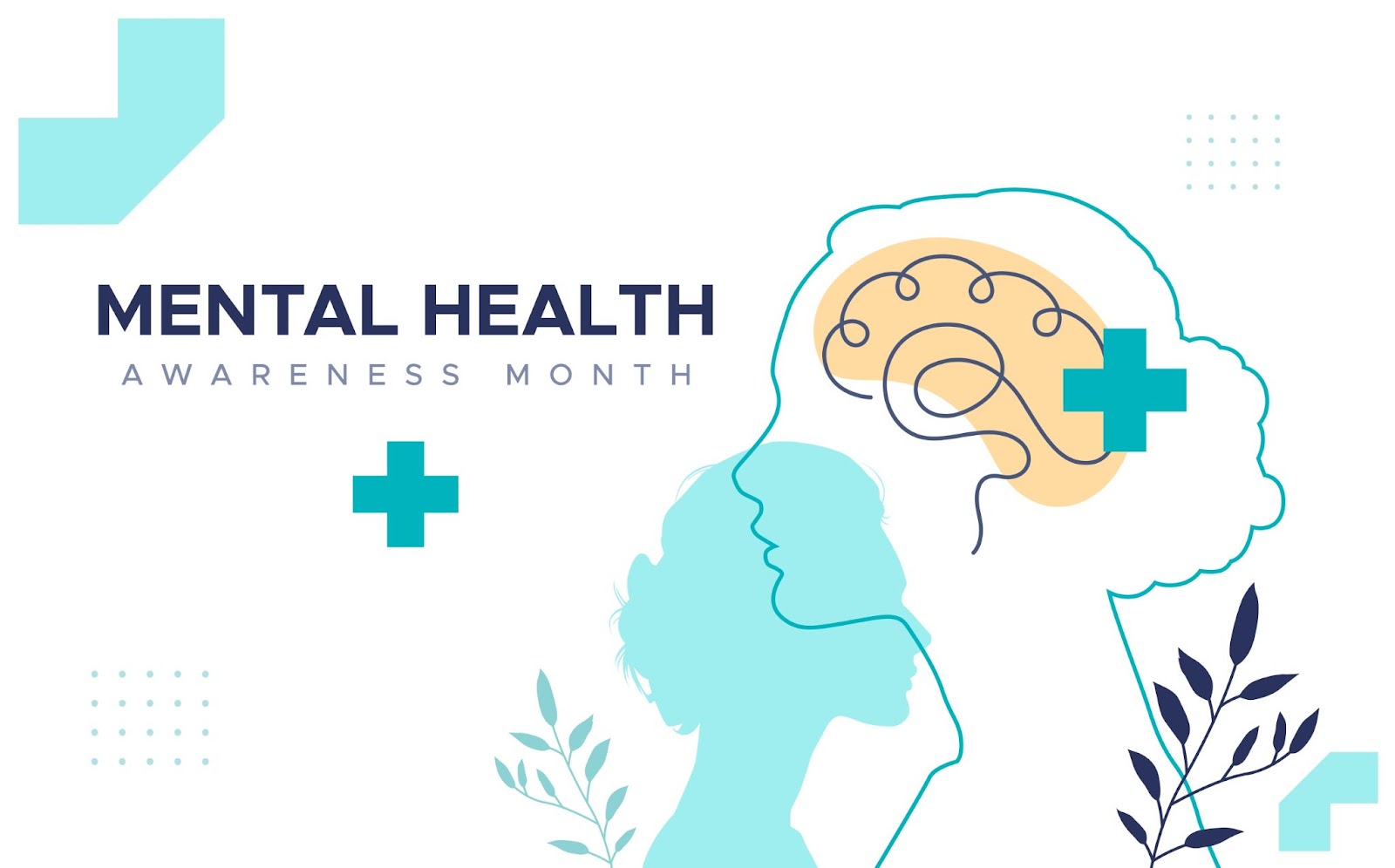 Banner for Mental Health Awareness Month. Drawing of women with brain highlighted. 