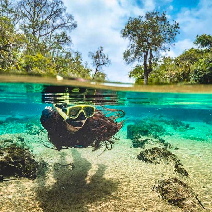 Mulher com snorkel e máscara de mergulho explorando um lago cristalino, com árvores ao fundo e fundo de areia e rochas sob a água, em uma paisagem natural exuberante.