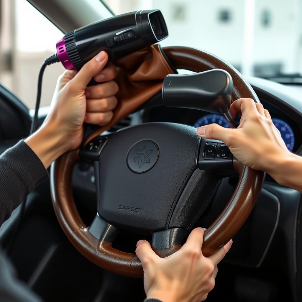 Warming a steering wheel cover with a hair dryer