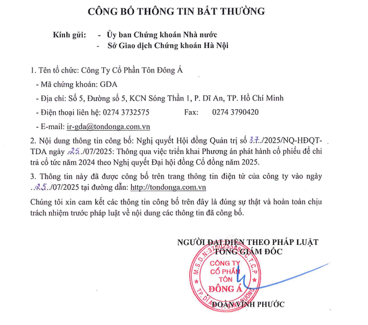 Tôn Đông Á công bố Nghị quyết của Hội đồng quản trị về việc phát hành cổ phiếu để chi trả cổ tức năm 2024 (Nguồn: Công ty Cổ phần Tôn Đông Á (GDA))