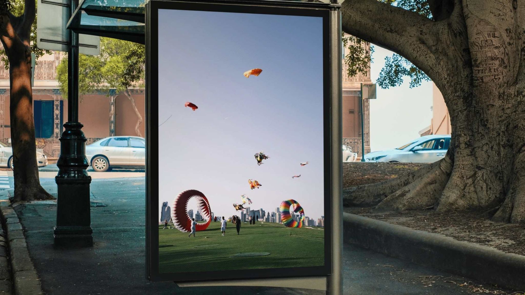Eco-conscious Outdoor Digital Display Qatar featuring a scenic park view with people enjoying kite flying, symbolizing green advertising solutions in urban spaces.