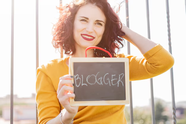 A girl holding a frame that says blogger