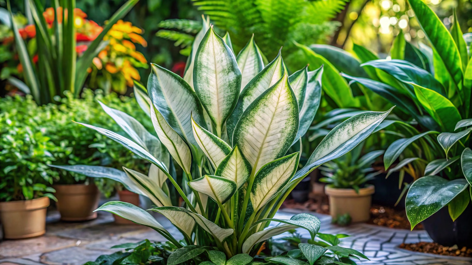 Planta Jiboia branca em jardim tropical ao ar livre, cercada por plantas de folhagem escura.