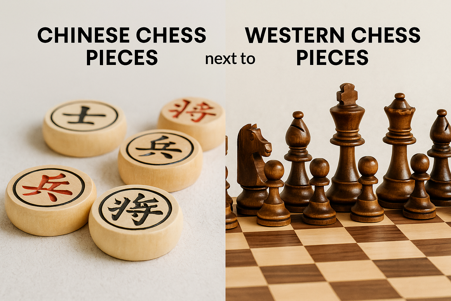 Chinese chess pieces next to western chess pieces