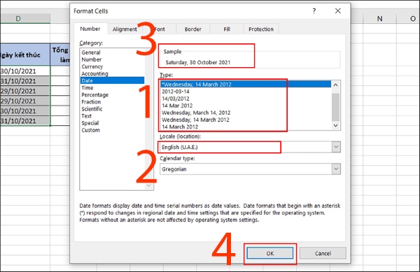 định dạng ngày tháng trong excel
